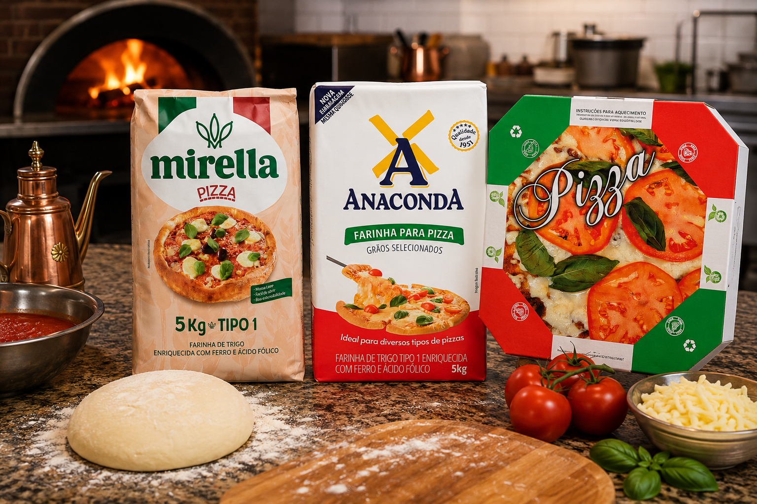 Farinha de pizza, caixa de pizza e ingredientes frescos sobre bancada de cozinha