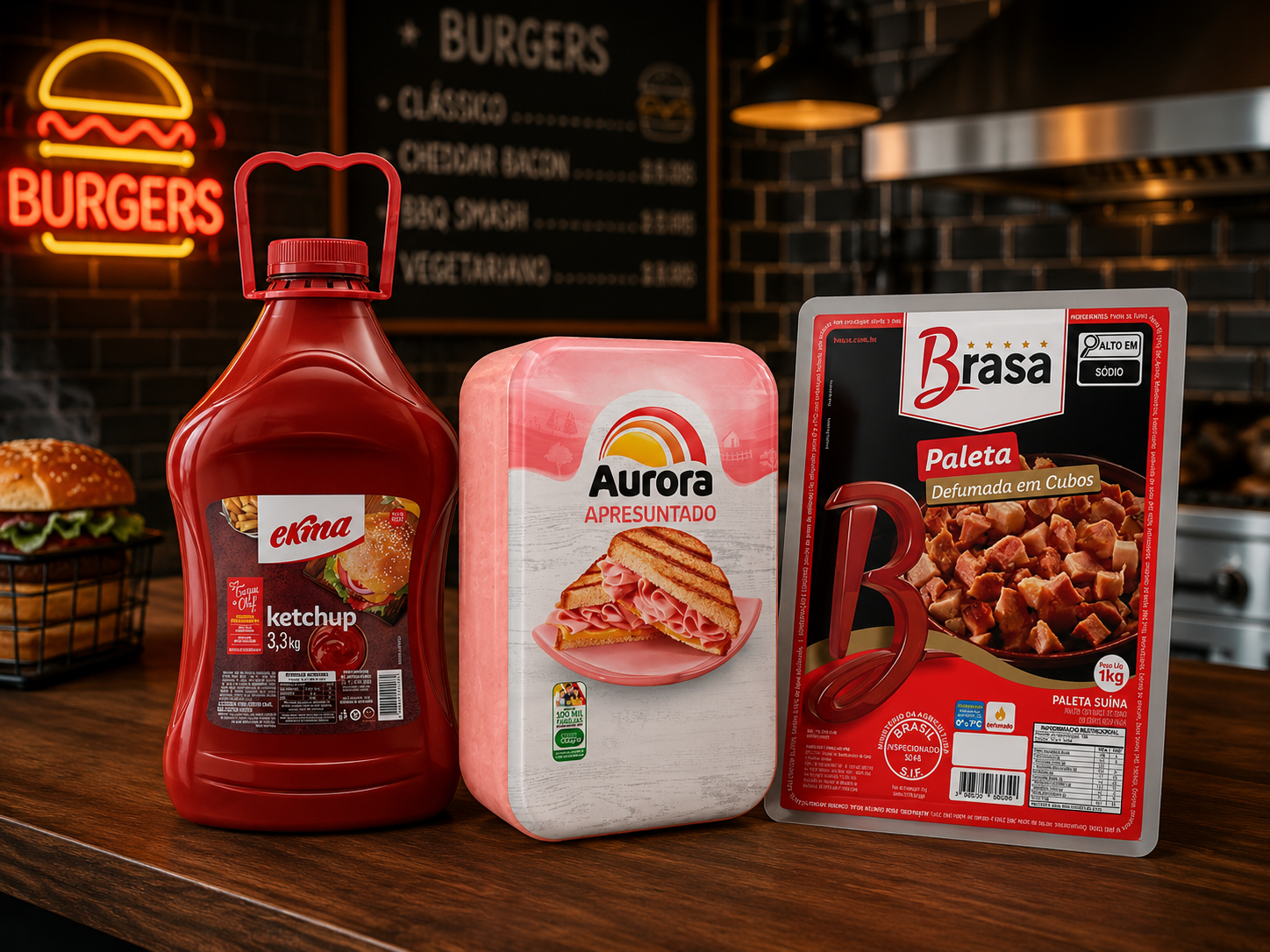 Ketchup, presunto Aurora e paleta suína defumada Brasa em balcão de hamburgueria